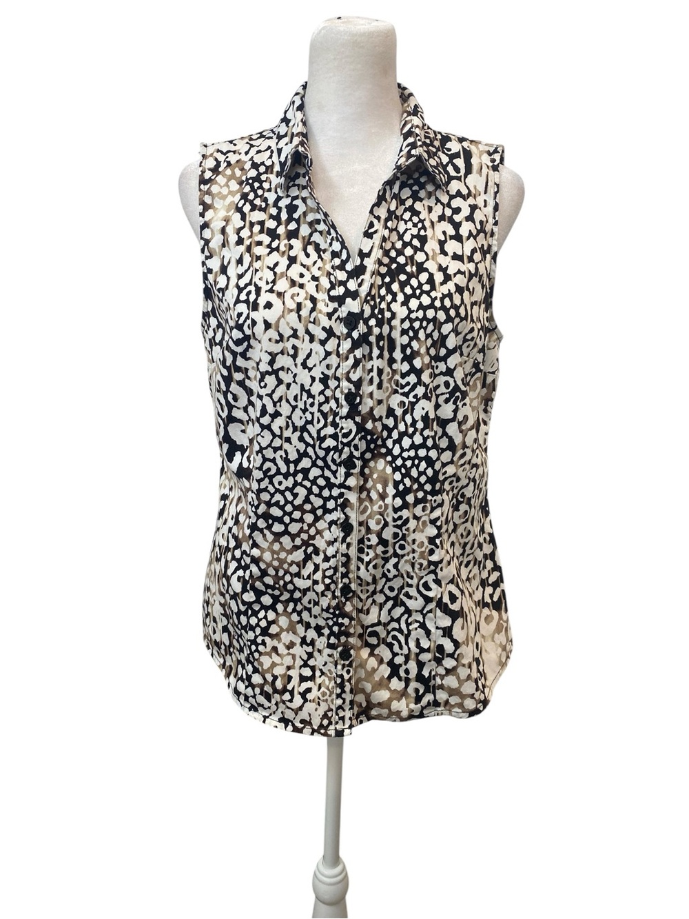 Dana Buchman Women's size M Sleeveless Blouse Black,Brown & Cream Abstract Print